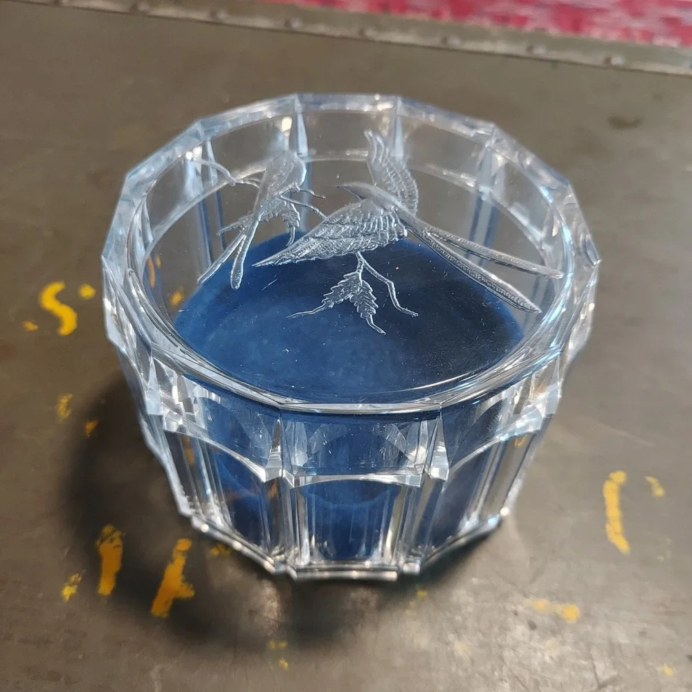 Vintage Etched Bird Trinket Box Clear Faceted Jewelry Case Blue Velvet Lining